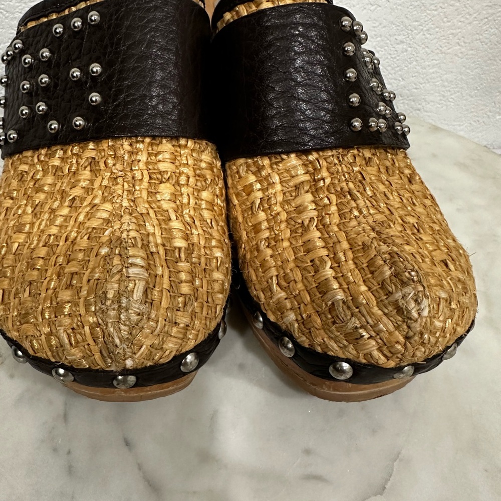 Dolce & Gabbana, VINTAGE , Rafia w/ Leather, Logo & Wood Platform Clogs, Sz  36 - Picture 5 of 13